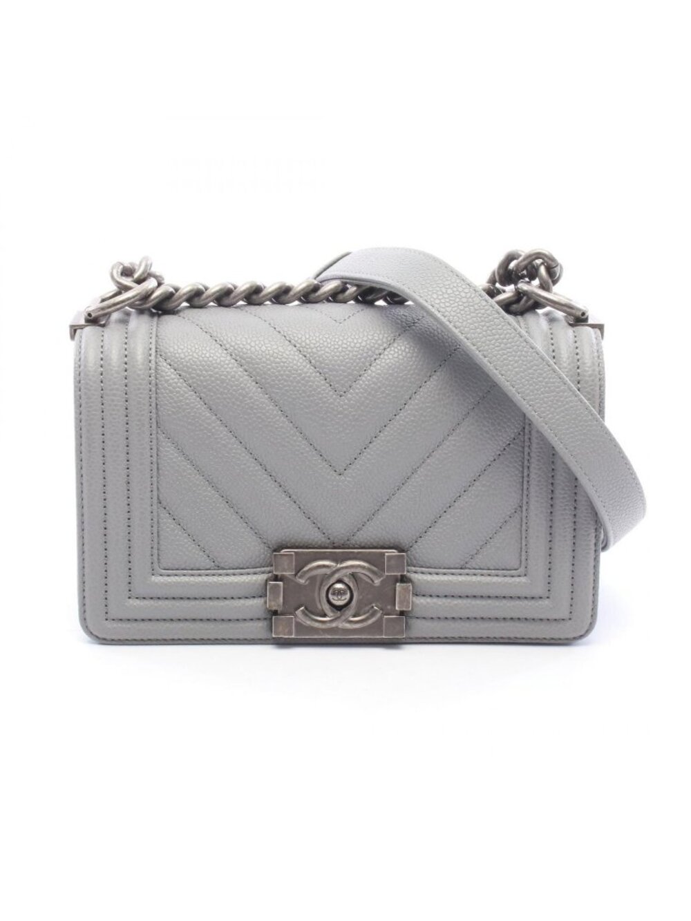 Chanel Shoulder Bag Boy Small Gray Caviar Leather Chevron Chain